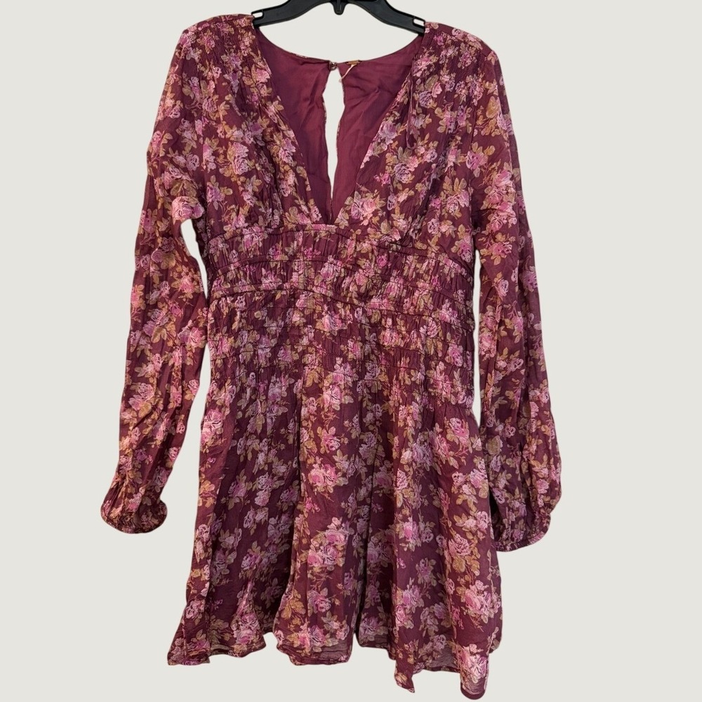 Free People Floral Mini Dress Large Boho Smocked V-Neck Long Sleeve Wine Purple